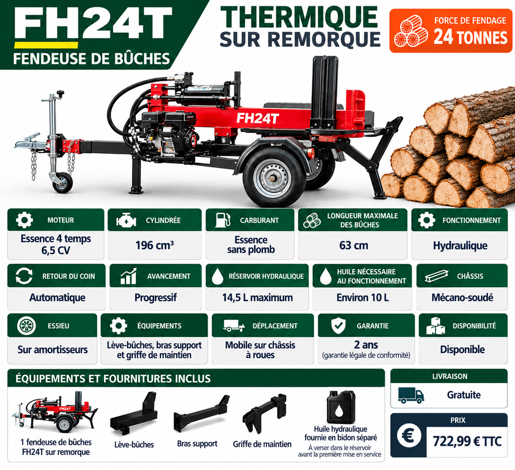 Fendeuse de bûches FH24T thermique sur remorque