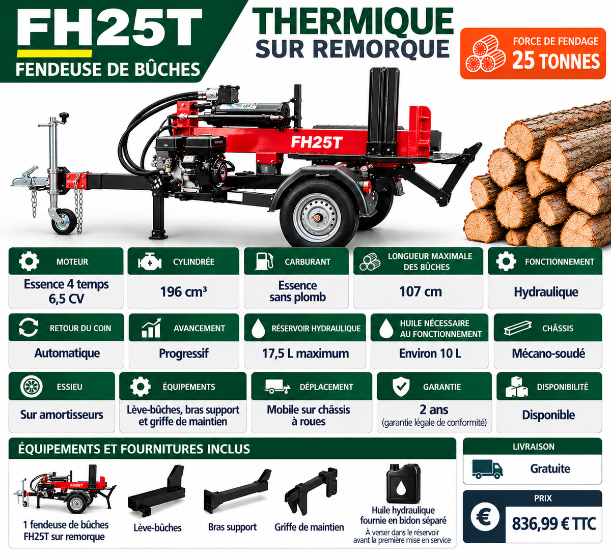 Fendeuse de bûches F25VH thermique 25T sur remorque